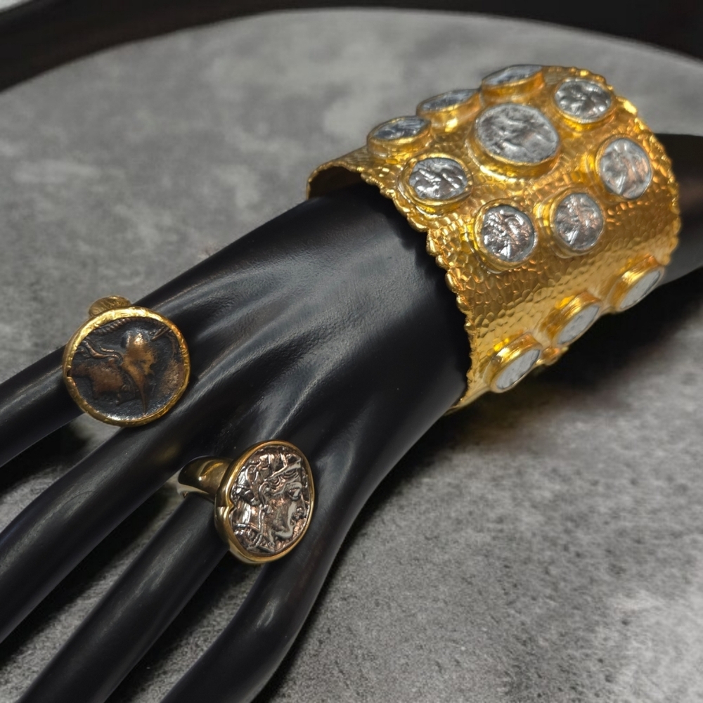24k Gold Plated Massive Artisan Ancient Coin Cuff Bracelet - Picture 6 of 9